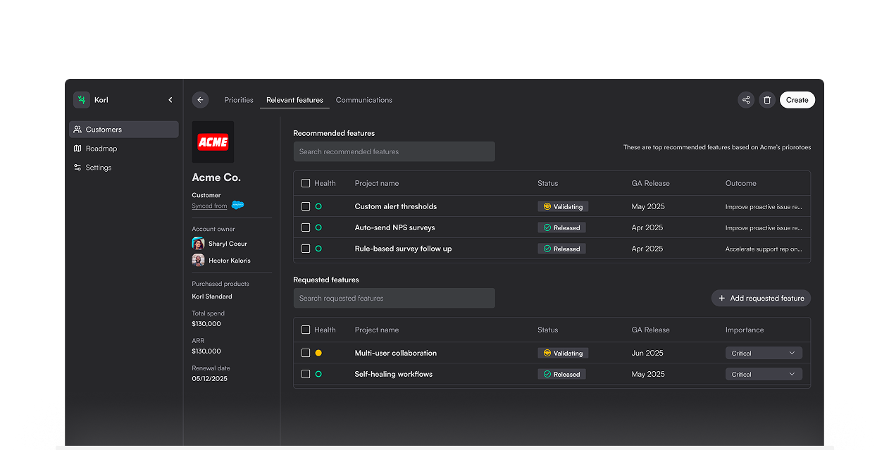 Korl's customer profile dashboard displays a customer's strategic priorities, value recommendations, and historical context
