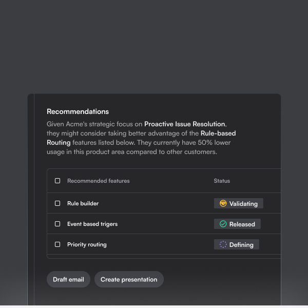 See recommended product features for each customer based on their strategic priorities