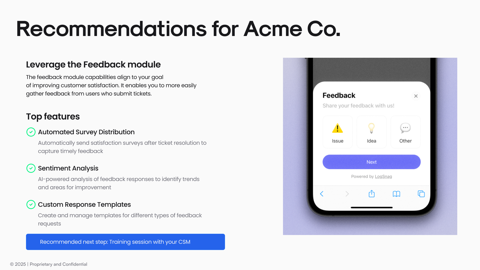 A slide with recommendations for expansion tied to customer's priorities